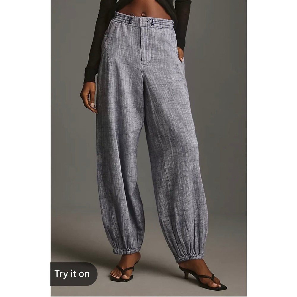 Anthropologie Pilcro Blue Textured Balloon Pants Bungee Waist XXS Linen Blend